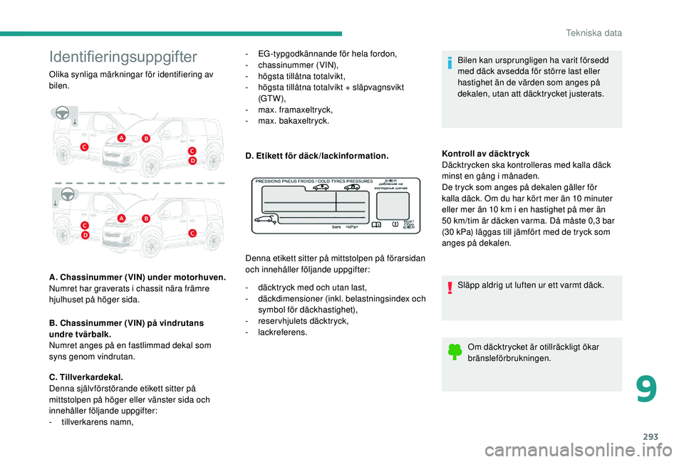 CITROEN JUMPER SPACETOURER 2018  InstruktionsbÖcker (in Swedish) 293
Identifieringsuppgifter
Olika synliga märkningar för identifiering av 
bilen.
A. Chassinummer (VIN) under motorhuven. 
Numret har graverats i chassit nära främre 
hjulhuset på höger sida.
B.