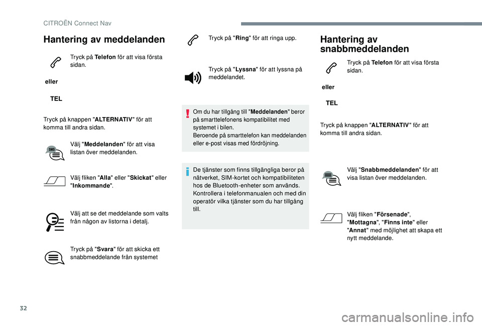 CITROEN JUMPER SPACETOURER 2018  InstruktionsbÖcker (in Swedish) 32
Hantering av meddelanden
 eller Tryck på Telefon
 för att visa första 
sidan.
Tryck på knappen " ALTERNATIV" för att 
komma till andra sidan.
Välj "Meddelanden " för att visa