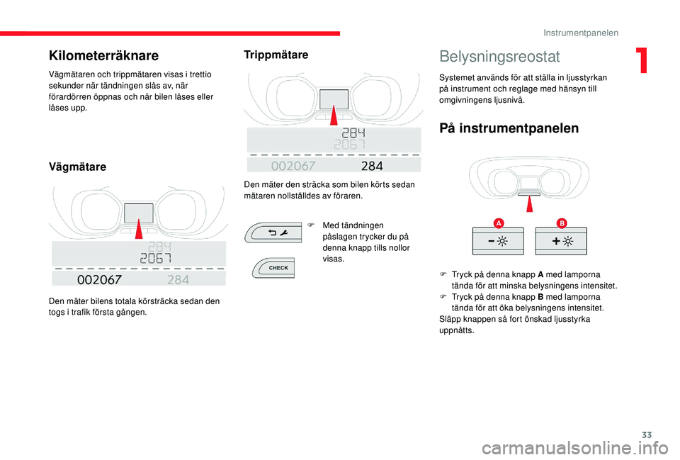 CITROEN JUMPER SPACETOURER 2018 InstruktionsbÖcker (in Swedish) 33
Kilometerräknare
Vägmätaren och trippmätaren visas i trettio
sekunder när tändningen slås av, när
förardörren öppnas och när bilen låses eller
låses upp.
Vägmätare
Den mäter bil CITROEN JUMPER SPACETOURER 2018 InstruktionsbÖcker (in Swedish) 33
Kilometerräknare
Vägmätaren och trippmätaren visas i trettio
sekunder när tändningen slås av, när
förardörren öppnas och när bilen låses eller
låses upp.
Vägmätare
Den mäter bil