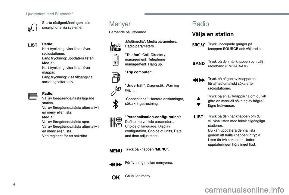 CITROEN JUMPER SPACETOURER 2018 InstruktionsbÖcker (in Swedish) 4
Starta röstigenkänningen i din
smartphone via systemet.
Radio:
Kort tryckning: visa listan över
radiostationer.
Lång tryckning: uppdatera listan.
Media:
Kort tryckning: visa listan över
mapp CITROEN JUMPER SPACETOURER 2018 InstruktionsbÖcker (in Swedish) 4
Starta röstigenkänningen i din
smartphone via systemet.
Radio:
Kort tryckning: visa listan över
radiostationer.
Lång tryckning: uppdatera listan.
Media:
Kort tryckning: visa listan över
mapp