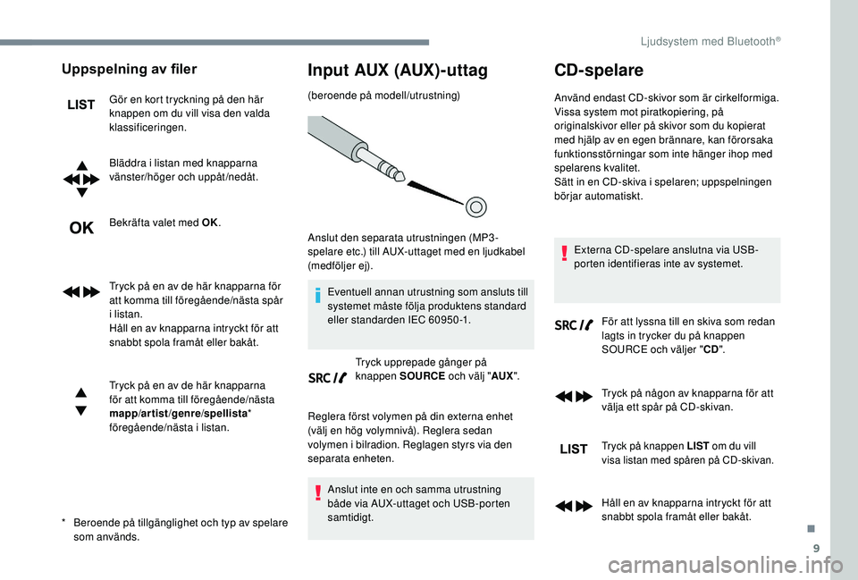 CITROEN JUMPER SPACETOURER 2018 InstruktionsbÖcker (in Swedish) 9
Uppspelning av filer
Gör en kort tryckning på den här
knappen om du vill visa den valda
klassificeringen.
Bläddra i listan med knapparna
vänster/höger och uppåt /nedåt.
Bekräfta valet me CITROEN JUMPER SPACETOURER 2018 InstruktionsbÖcker (in Swedish) 9
Uppspelning av filer
Gör en kort tryckning på den här
knappen om du vill visa den valda
klassificeringen.
Bläddra i listan med knapparna
vänster/höger och uppåt /nedåt.
Bekräfta valet me