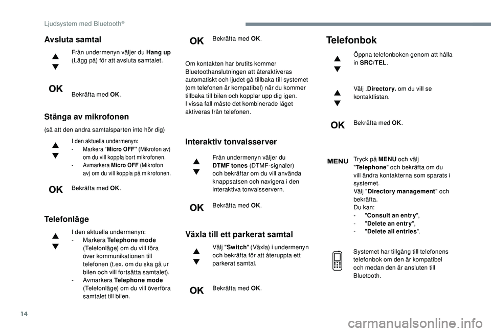 CITROEN JUMPER SPACETOURER 2018 InstruktionsbÖcker (in Swedish) 14
Avsluta samtal
Från undermenyn väljer du Hang up
(Lägg på) för att avsluta samtalet.
Bekräfta med OK.
Stänga av mikrofonen
(så att den andra samtalsparten inte hör dig)
I den aktuella und CITROEN JUMPER SPACETOURER 2018 InstruktionsbÖcker (in Swedish) 14
Avsluta samtal
Från undermenyn väljer du Hang up
(Lägg på) för att avsluta samtalet.
Bekräfta med OK.
Stänga av mikrofonen
(så att den andra samtalsparten inte hör dig)
I den aktuella und