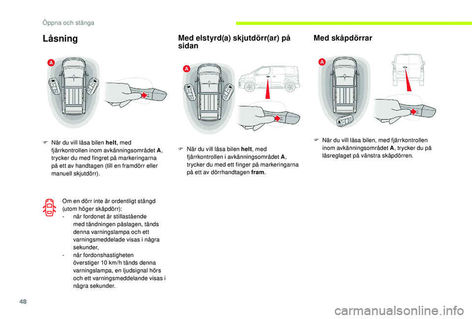 CITROEN JUMPER SPACETOURER 2018 InstruktionsbÖcker (in Swedish) 48
Låsning
F När du vill låsa bilen helt, med
fjärrkontrollen inom avkänningsområdet A ,
trycker du med fingret på markeringarna
på ett av handtagen (till en framdörr eller
manuell skjutd CITROEN JUMPER SPACETOURER 2018 InstruktionsbÖcker (in Swedish) 48
Låsning
F När du vill låsa bilen helt, med
fjärrkontrollen inom avkänningsområdet A ,
trycker du med fingret på markeringarna
på ett av handtagen (till en framdörr eller
manuell skjutd