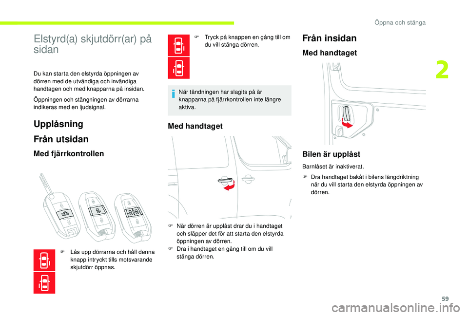 CITROEN JUMPER SPACETOURER 2018 InstruktionsbÖcker (in Swedish) 59
Elstyrd(a) skjutdörr(ar) på
sidan
Du kan starta den elstyrda öppningen av
dörren med de utvändiga och invändiga
handtagen och med knapparna på insidan.
Öppningen och stängningen av dör CITROEN JUMPER SPACETOURER 2018 InstruktionsbÖcker (in Swedish) 59
Elstyrd(a) skjutdörr(ar) på
sidan
Du kan starta den elstyrda öppningen av
dörren med de utvändiga och invändiga
handtagen och med knapparna på insidan.
Öppningen och stängningen av dör