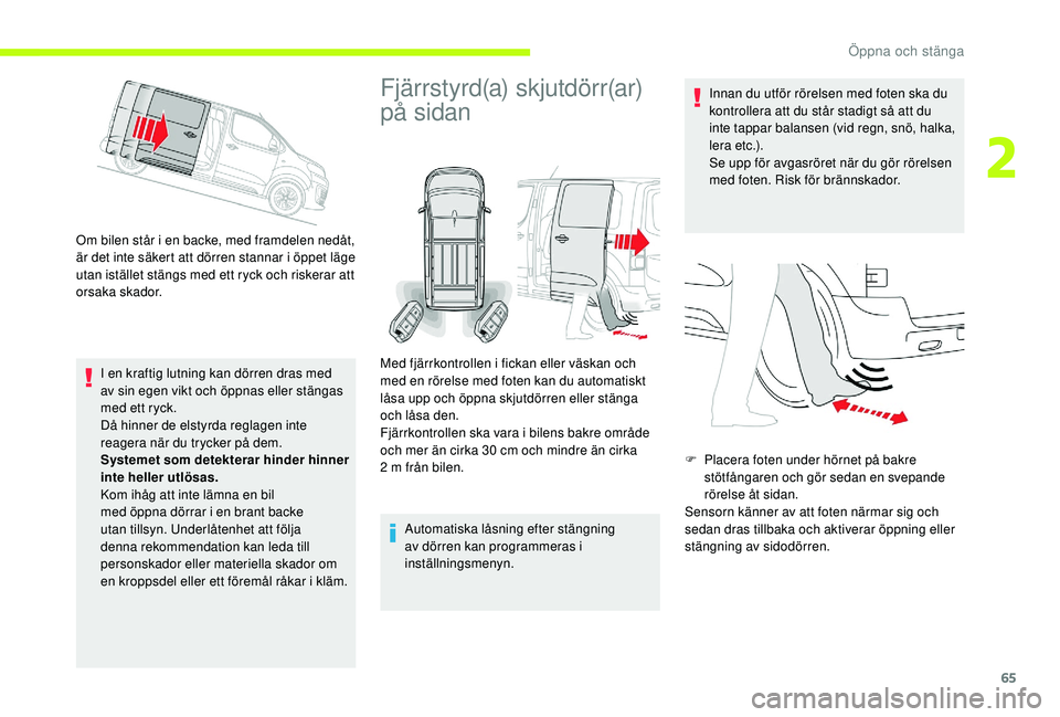 CITROEN JUMPER SPACETOURER 2018 InstruktionsbÖcker (in Swedish) 65
Om bilen står i en backe, med framdelen nedåt,
är det inte säkert att dörren stannar i öppet läge
utan istället stängs med ett ryck och riskerar att
orsaka skador.I en kraftig lutning k CITROEN JUMPER SPACETOURER 2018 InstruktionsbÖcker (in Swedish) 65
Om bilen står i en backe, med framdelen nedåt,
är det inte säkert att dörren stannar i öppet läge
utan istället stängs med ett ryck och riskerar att
orsaka skador.I en kraftig lutning k
