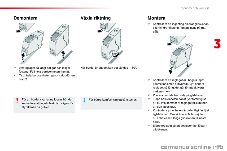 CITROEN JUMPER SPACETOURER 2017  InstruktionsbÖcker (in Swedish) 123
Spacetourer-VP_sv_Chap03_ergonomie-et-confort_ed01-2016
F Lyft reglaget så långt det går och lösgör fästena. Fäll hela bordsenheten framåt.
F
 
T
 a ut hela bordsenheten genom sidodörren 