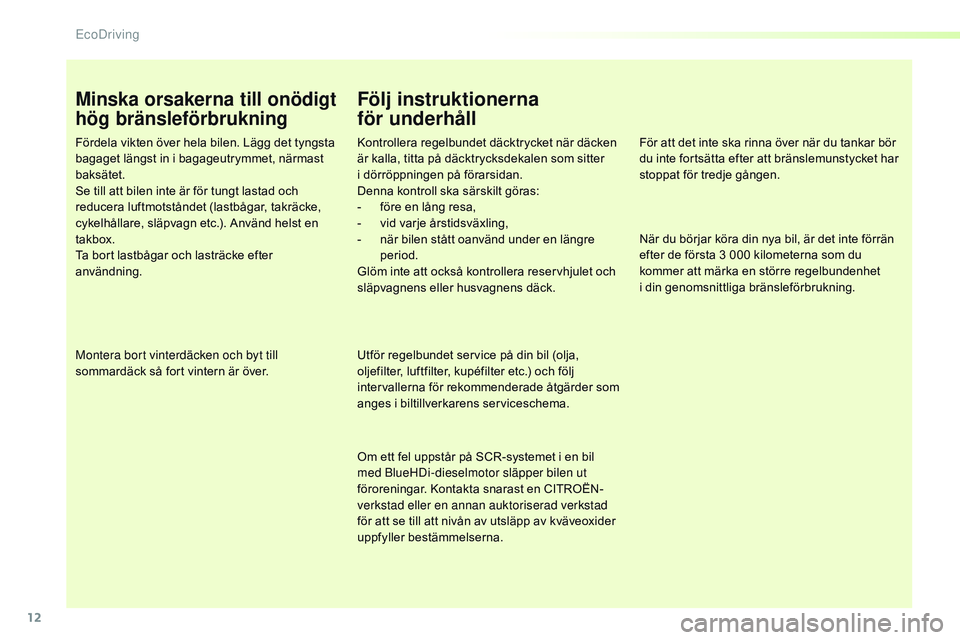 CITROEN JUMPER SPACETOURER 2017  InstruktionsbÖcker (in Swedish) 12
Spacetourer-VP_sv_Chap00c_eco-conduite_ed01-2016
Minska orsakerna till onödigt 
hög bränsleförbrukning
Fördela vikten över hela bilen. Lägg det tyngsta 
bagaget längst in i bagageutrymmet, 