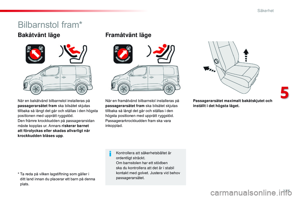 CITROEN JUMPER SPACETOURER 2017 InstruktionsbÖcker (in Swedish) 175
Spacetourer-VP_sv_Chap05_securite_ed01-2016
Passagerarsätet maximalt bakåtskjutet och
inställt i det högsta läget.
Bakåtvänt läge
Bilbarnstol fram*
Framåtvänt läge
Kontrollera att säk CITROEN JUMPER SPACETOURER 2017 InstruktionsbÖcker (in Swedish) 175
Spacetourer-VP_sv_Chap05_securite_ed01-2016
Passagerarsätet maximalt bakåtskjutet och
inställt i det högsta läget.
Bakåtvänt läge
Bilbarnstol fram*
Framåtvänt läge
Kontrollera att säk