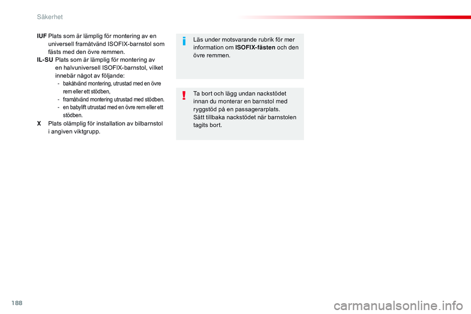 CITROEN JUMPER SPACETOURER 2017 InstruktionsbÖcker (in Swedish) 188
Spacetourer-VP_sv_Chap05_securite_ed01-2016
IUF Plats som är lämplig för montering av en universell framåtvänd ISOFIX-barnstol som
fästs med den övre remmen.
IL- SU
P
lats som är l CITROEN JUMPER SPACETOURER 2017 InstruktionsbÖcker (in Swedish) 188
Spacetourer-VP_sv_Chap05_securite_ed01-2016
IUF Plats som är lämplig för montering av en universell framåtvänd ISOFIX-barnstol som
fästs med den övre remmen.
IL- SU
P
lats som är l