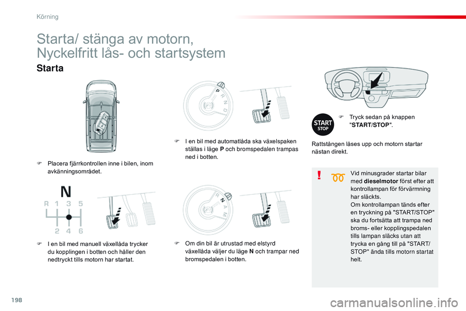 CITROEN JUMPER SPACETOURER 2017 InstruktionsbÖcker (in Swedish) 198
Spacetourer-VP_sv_Chap06_conduite_ed01-2016
Vid minusgrader startar bilar
med dieselmotor först efter att
kontrollampan för förvärmning
har släckts.
Om kontrollampan tänds efter
en tryck CITROEN JUMPER SPACETOURER 2017 InstruktionsbÖcker (in Swedish) 198
Spacetourer-VP_sv_Chap06_conduite_ed01-2016
Vid minusgrader startar bilar
med dieselmotor först efter att
kontrollampan för förvärmning
har släckts.
Om kontrollampan tänds efter
en tryck