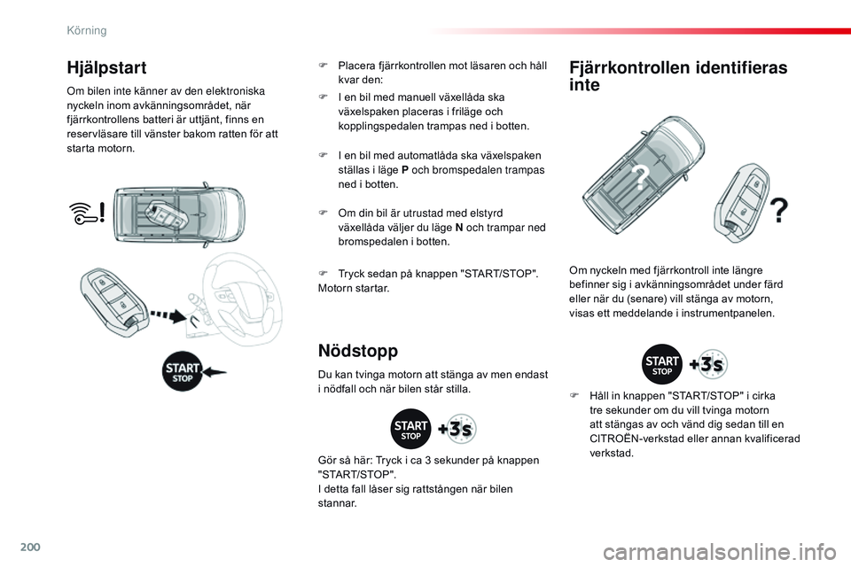 CITROEN JUMPER SPACETOURER 2017 InstruktionsbÖcker (in Swedish) 200
Spacetourer-VP_sv_Chap06_conduite_ed01-2016
Hjälpstart
Om bilen inte känner av den elektroniska
nyckeln inom avkänningsområdet, när
fjärrkontrollens batteri är uttjänt, finns en
reservl CITROEN JUMPER SPACETOURER 2017 InstruktionsbÖcker (in Swedish) 200
Spacetourer-VP_sv_Chap06_conduite_ed01-2016
Hjälpstart
Om bilen inte känner av den elektroniska
nyckeln inom avkänningsområdet, när
fjärrkontrollens batteri är uttjänt, finns en
reservl