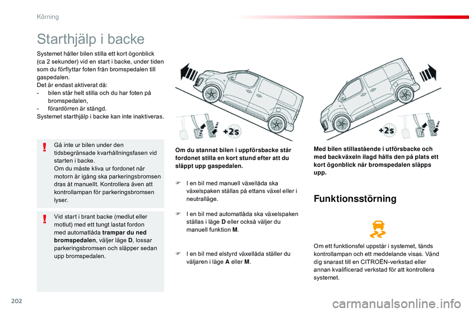 CITROEN JUMPER SPACETOURER 2017 InstruktionsbÖcker (in Swedish) 202
Spacetourer-VP_sv_Chap06_conduite_ed01-2016
Starthjälp i backe
Systemet håller bilen stilla ett kort ögonblick
(ca 2 sekunder) vid en start i backe, under tiden
som du för flyttar foten frå CITROEN JUMPER SPACETOURER 2017 InstruktionsbÖcker (in Swedish) 202
Spacetourer-VP_sv_Chap06_conduite_ed01-2016
Starthjälp i backe
Systemet håller bilen stilla ett kort ögonblick
(ca 2 sekunder) vid en start i backe, under tiden
som du för flyttar foten frå