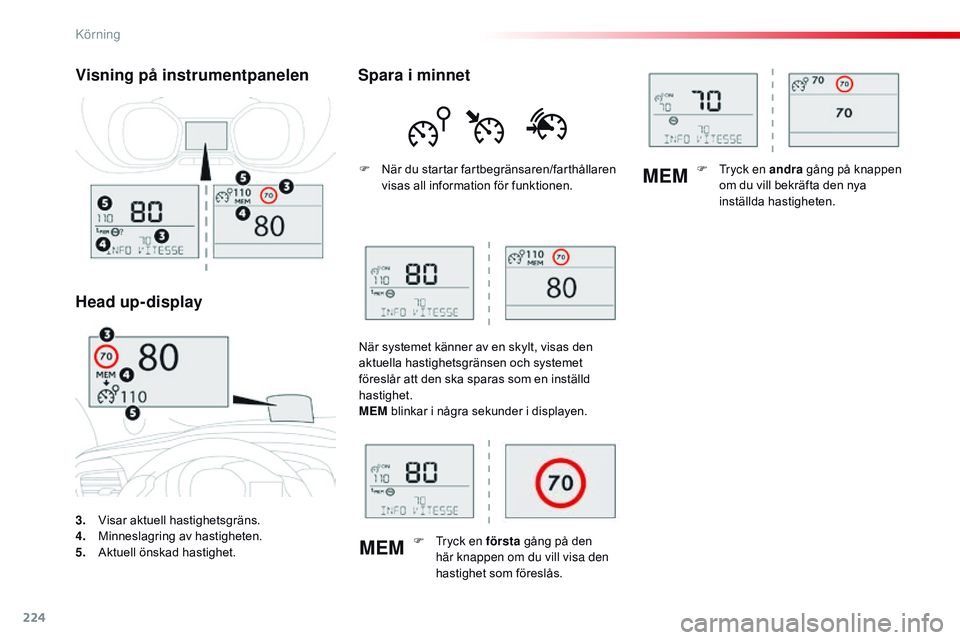 CITROEN JUMPER SPACETOURER 2017  InstruktionsbÖcker (in Swedish) 224
MEMMEM
Spacetourer-VP_sv_Chap06_conduite_ed01-2016
3. Visar aktuell hastighetsgräns.
4. M
inneslagring av hastigheten.
5.
 A

ktuell önskad hastighet.
Visning på instrumentpanelen
Head up-displ