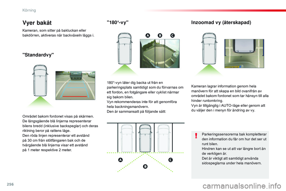 CITROEN JUMPER SPACETOURER 2017  InstruktionsbÖcker (in Swedish) 256
Spacetourer-VP_sv_Chap06_conduite_ed01-2016
"Standardvy""180°-v y"
Inzoomad vy (återskapad)
Kameran lagrar information genom hela 
manövern för att skapa en bild ovanifrån av 