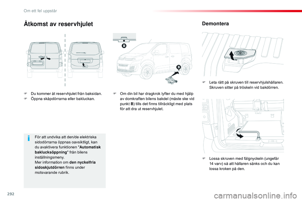 CITROEN JUMPER SPACETOURER 2017 InstruktionsbÖcker (in Swedish) 292
Spacetourer-VP_sv_Chap08_En-cas-de-panne_ed01-2016
F Du kommer åt reservhjulet från baksidan.
F Ö ppna skåpdörrarna eller bakluckan. F
L
eta rätt på skruven till reservhjulshållaren.
S CITROEN JUMPER SPACETOURER 2017 InstruktionsbÖcker (in Swedish) 292
Spacetourer-VP_sv_Chap08_En-cas-de-panne_ed01-2016
F Du kommer åt reservhjulet från baksidan.
F Ö ppna skåpdörrarna eller bakluckan. F
L
eta rätt på skruven till reservhjulshållaren.
S