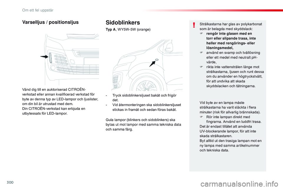CITROEN JUMPER SPACETOURER 2017 InstruktionsbÖcker (in Swedish) 300
Spacetourer-VP_sv_Chap08_En-cas-de-panne_ed01-2016
Sidoblinkers
Ty p A, W Y5W-5W (orange)
Varselljus / positionsljus
Vänd dig till en auktoriserad CitrOë n-
verkstad eller annan kvalificerad ve CITROEN JUMPER SPACETOURER 2017 InstruktionsbÖcker (in Swedish) 300
Spacetourer-VP_sv_Chap08_En-cas-de-panne_ed01-2016
Sidoblinkers
Ty p A, W Y5W-5W (orange)
Varselljus / positionsljus
Vänd dig till en auktoriserad CitrOë n-
verkstad eller annan kvalificerad ve