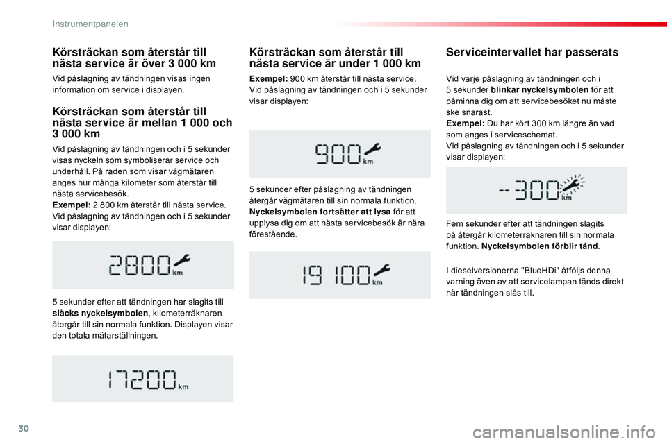 CITROEN JUMPER SPACETOURER 2017 InstruktionsbÖcker (in Swedish) 30
Körsträckan som återstår till
nästa service är mellan 1 000 och
3 000 km
Vid påslagning av tändningen och i 5 sekunder
visas nyckeln som symboliserar service och
underhåll. På raden s CITROEN JUMPER SPACETOURER 2017 InstruktionsbÖcker (in Swedish) 30
Körsträckan som återstår till
nästa service är mellan 1 000 och
3 000 km
Vid påslagning av tändningen och i 5 sekunder
visas nyckeln som symboliserar service och
underhåll. På raden s