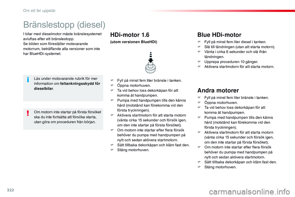 CITROEN JUMPER SPACETOURER 2017 InstruktionsbÖcker (in Swedish) 322
Spacetourer-VP_sv_Chap08_En-cas-de-panne_ed01-2016
I bilar med dieselmotor måste bränslesystemet
avluftas efter ett bränslestopp.
Se bilden som föreställer motsvarande
motorrum, beträffand CITROEN JUMPER SPACETOURER 2017 InstruktionsbÖcker (in Swedish) 322
Spacetourer-VP_sv_Chap08_En-cas-de-panne_ed01-2016
I bilar med dieselmotor måste bränslesystemet
avluftas efter ett bränslestopp.
Se bilden som föreställer motsvarande
motorrum, beträffand