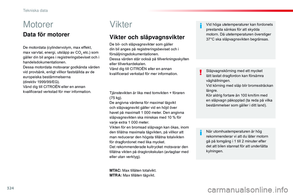 CITROEN JUMPER SPACETOURER 2017 InstruktionsbÖcker (in Swedish) 324
Spacetourer-VP_sv_Chap09_caracteristiques-techniques_ed01-2016
Motorer
Data för motorer
De motordata (cylindervolym, max effekt,
max varvtal, energi, utsläpp av CO
2 etc.) som
gäller din bil CITROEN JUMPER SPACETOURER 2017 InstruktionsbÖcker (in Swedish) 324
Spacetourer-VP_sv_Chap09_caracteristiques-techniques_ed01-2016
Motorer
Data för motorer
De motordata (cylindervolym, max effekt,
max varvtal, energi, utsläpp av CO
2 etc.) som
gäller din bil