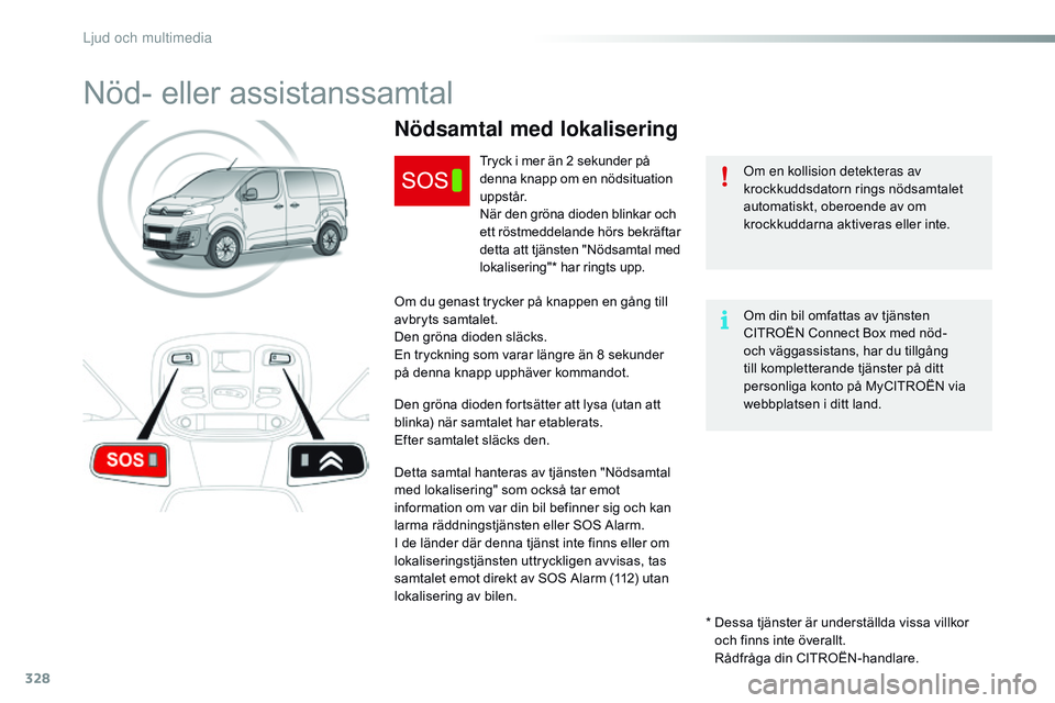 CITROEN JUMPER SPACETOURER 2017 InstruktionsbÖcker (in Swedish) 328
Spacetourer-VP_sv_Chap10a_BtA_ed01-2016
Nöd- eller assistanssamtal
Om en kollision detekteras av
krockkuddsdatorn rings nödsamtalet
automatiskt, oberoende av om
krockkuddarna aktiveras eller CITROEN JUMPER SPACETOURER 2017 InstruktionsbÖcker (in Swedish) 328
Spacetourer-VP_sv_Chap10a_BtA_ed01-2016
Nöd- eller assistanssamtal
Om en kollision detekteras av
krockkuddsdatorn rings nödsamtalet
automatiskt, oberoende av om
krockkuddarna aktiveras eller