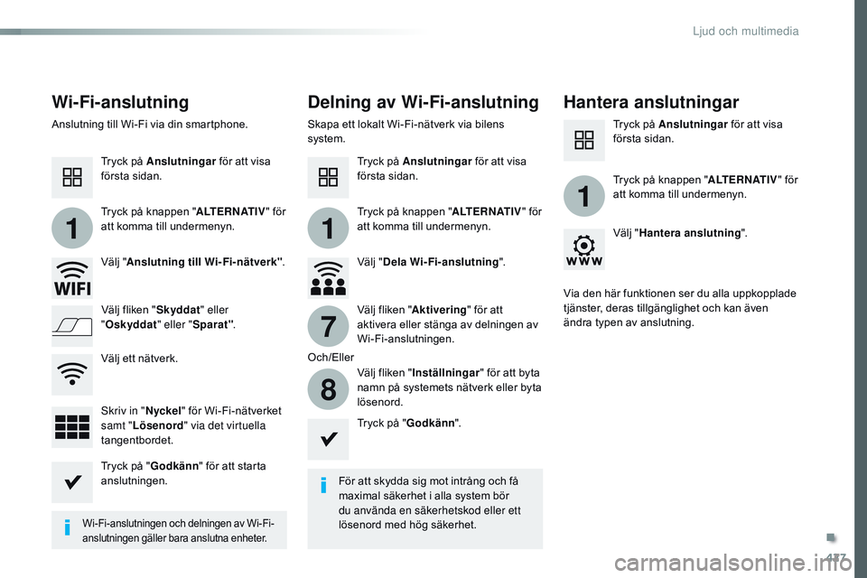 CITROEN JUMPER SPACETOURER 2017 InstruktionsbÖcker (in Swedish) 427
11
1
7
8
Spacetourer-VP_sv_Chap10c_rCC-1_ed01-2016
Wi-Fi-anslutning Delning av Wi-Fi-anslutningHantera anslutningar
För att skydda sig mot intrång och få
maximal säkerhet i alla system bör
CITROEN JUMPER SPACETOURER 2017 InstruktionsbÖcker (in Swedish) 427
11
1
7
8
Spacetourer-VP_sv_Chap10c_rCC-1_ed01-2016
Wi-Fi-anslutning Delning av Wi-Fi-anslutningHantera anslutningar
För att skydda sig mot intrång och få
maximal säkerhet i alla system bör