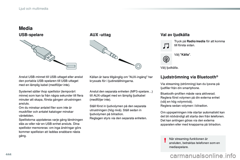 CITROEN JUMPER SPACETOURER 2017  InstruktionsbÖcker (in Swedish) 444
Spacetourer-VP_sv_Chap10c_rCC-1_ed01-2016
Media
USB-spelare Val av ljudkälla
Välj "Källa ".
Tryck på Radio
/media för att komma 
till första sidan.
Systemet sätter ihop spellistor (
