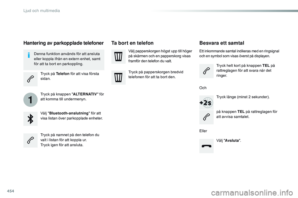 CITROEN JUMPER SPACETOURER 2017  InstruktionsbÖcker (in Swedish) 454
1
Spacetourer-VP_sv_Chap10c_rCC-1_ed01-2016
Besvara ett samtal
Ett inkommande samtal indikeras med en ringsignal 
och en symbol som visas överst på displayen.
Tryck helt kort på knappen TEL  p
