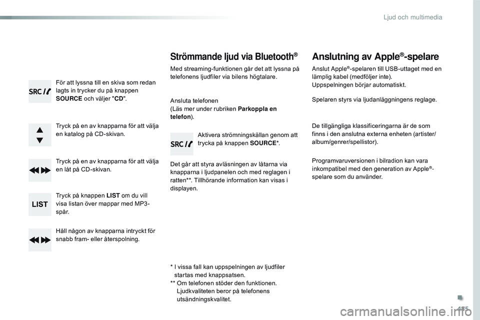 CITROEN JUMPER SPACETOURER 2017  InstruktionsbÖcker (in Swedish) 485
Spacetourer-VP_sv_Chap10d_rD6_ed01-2016
För att lyssna till en skiva som redan 
lagts in trycker du på knappen 
SOURCE  och väljer " CD".
Tryck på en av knapparna för att välja 
en k