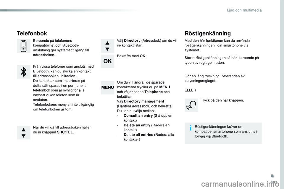 CITROEN JUMPER SPACETOURER 2017  InstruktionsbÖcker (in Swedish) 491
Spacetourer-VP_sv_Chap10d_rD6_ed01-2016
Om du vill ändra i de sparade 
kontakterna trycker du på MENU  
och väljer sedan Telephone  och 
bekräftar.
Välj  Directory management  
(Hantera adres