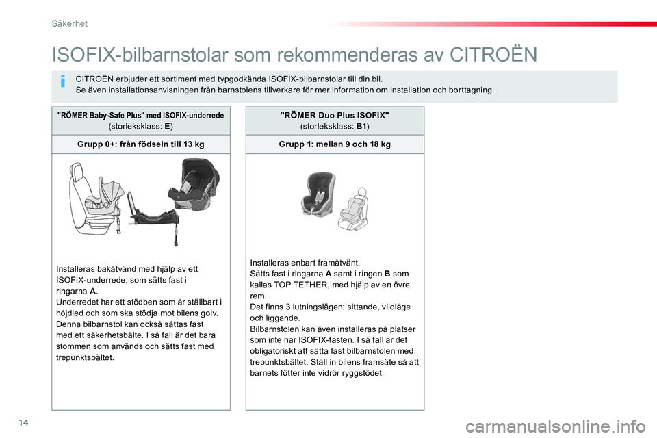CITROEN JUMPER SPACETOURER 2017  InstruktionsbÖcker (in Swedish) 14
Säkerhet
  ISOFIX-bilbarnstolar som rekommenderas av CITROËN 
 
 
CITROËN erbjuder ett sortiment med typgodkända ISOFIX-bilbarnstolar till din bil. 
   
Se även installationsanvisningen från 