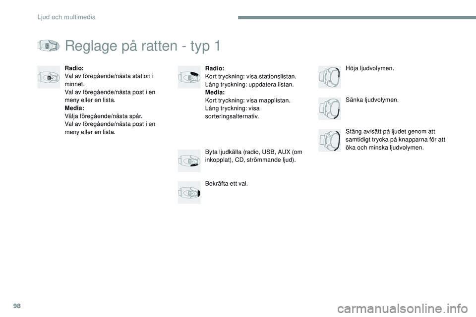 CITROEN JUMPER SPACETOURER 2017  InstruktionsbÖcker (in Swedish) 98
Transversal-Citroen_sv_Chap02_RCC-2-2-0_ed01-2016
Reglage på ratten - typ 1
Radio:
Kort tryckning: visa stationslistan.
Lång tryckning: uppdatera listan.
Media:
Kort tryckning: visa mapplistan.
L