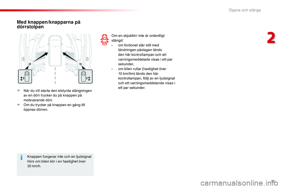 CITROEN JUMPER SPACETOURER 2017 InstruktionsbÖcker (in Swedish) 71
Spacetourer-VP_sv_Chap02_ouvertures_ed01-2016
F När du vill starta den elstyrda stängningen av en dörr trycker du på knappen på
motsvarande dörr.
F
O
m du trycker på knappen en gång til CITROEN JUMPER SPACETOURER 2017 InstruktionsbÖcker (in Swedish) 71
Spacetourer-VP_sv_Chap02_ouvertures_ed01-2016
F När du vill starta den elstyrda stängningen av en dörr trycker du på knappen på
motsvarande dörr.
F
O
m du trycker på knappen en gång til