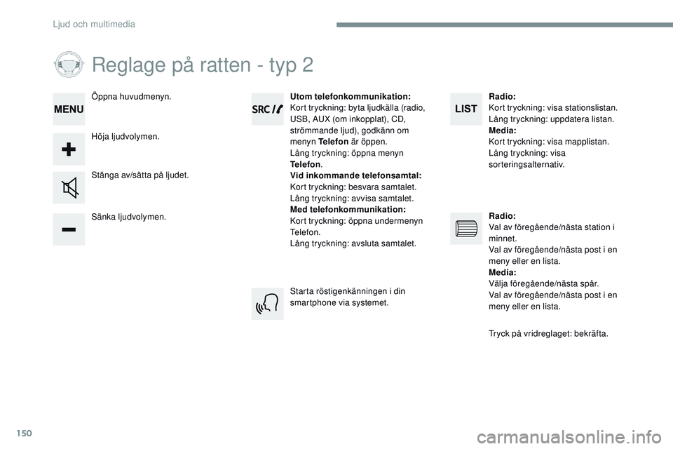CITROEN JUMPER SPACETOURER 2017 InstruktionsbÖcker (in Swedish) 150
Reglage på ratten - typ 2
Sänka ljudvolymen. Stänga av/sätta på ljudet.Utom telefonkommunikation:
Kort tryckning: byta ljudkälla (radio,
USB, AUX (om inkopplat), CD,
strömmande ljud), god CITROEN JUMPER SPACETOURER 2017 InstruktionsbÖcker (in Swedish) 150
Reglage på ratten - typ 2
Sänka ljudvolymen. Stänga av/sätta på ljudet.Utom telefonkommunikation:
Kort tryckning: byta ljudkälla (radio,
USB, AUX (om inkopplat), CD,
strömmande ljud), god