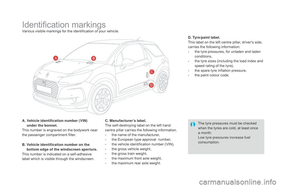 Citroen DS3 RHD 2016 1.G Owners Manual Identification markingsVarious visible markings for the identification of your vehicle.
A .   
V
 ehicle identification number (VI
n)
  
under the bonnet.
This
  number   is   engraved   