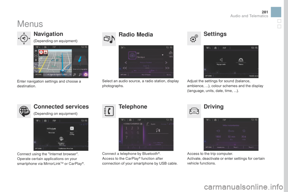 Citroen DS3 RHD 2016 1.G Owners Manual 281
Menus
Settings
Radio Mediana
vigation
dr

iving
Connected services Telephone
Adjust the settings for sound (balance, a
mbience, ...),   colour   schemes   and   the   display  
(

lan