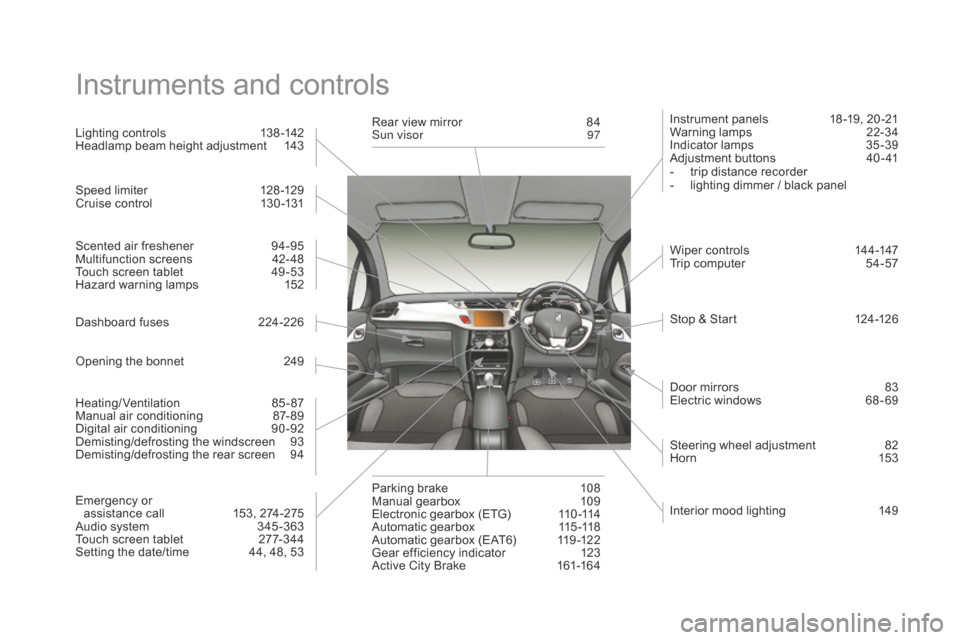 Citroen DS3 RHD 2016 1.G Owners Manual Instruments and controls
Instrument panels 18 -19,   20 -21
Warning lam ps 2 2-34
Indicator
  lamps  
3
 5 -39
Adjustment
  buttons  
4
 0 - 41
-
 
t
 rip   distance   recorder
-
 
l
 i