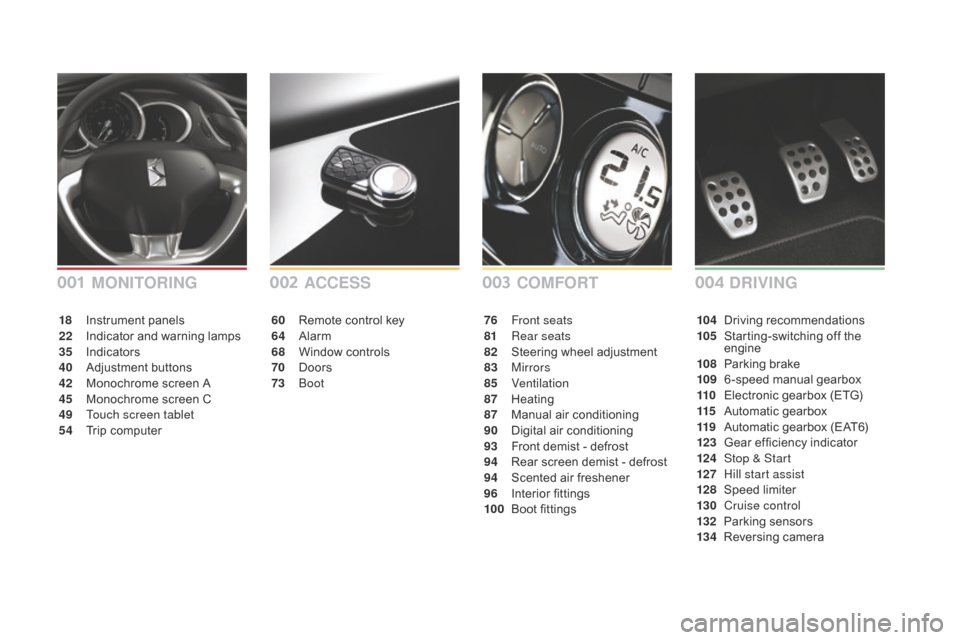 Citroen DS3 RHD 2016 1.G Owners Manual COMFORT
ACCESS
60 Remote   control   key
64 A larm
68
 W

indow   controls
70
 D

oors
73
 Boo

t 76 F
ront seats
81 R ear seats
82
 S

teering   wheel   adjustment
83
 

Mirrors
85
 

Venti