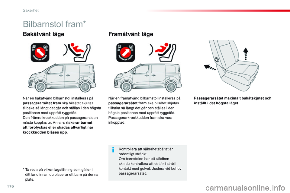 CITROEN JUMPER DISPATCH 2017 InstruktionsbÖcker (in Swedish) 176
Jumpy _sv_Chap05_securite_ed01-2016
Passagerarsätet maximalt bakåtskjutet och
inställt i det högsta läget.
Bakåtvänt läge
Bilbarnstol fram*
Framåtvänt läge
Kontrollera att säkerhetsb CITROEN JUMPER DISPATCH 2017 InstruktionsbÖcker (in Swedish) 176
Jumpy _sv_Chap05_securite_ed01-2016
Passagerarsätet maximalt bakåtskjutet och
inställt i det högsta läget.
Bakåtvänt läge
Bilbarnstol fram*
Framåtvänt läge
Kontrollera att säkerhetsb