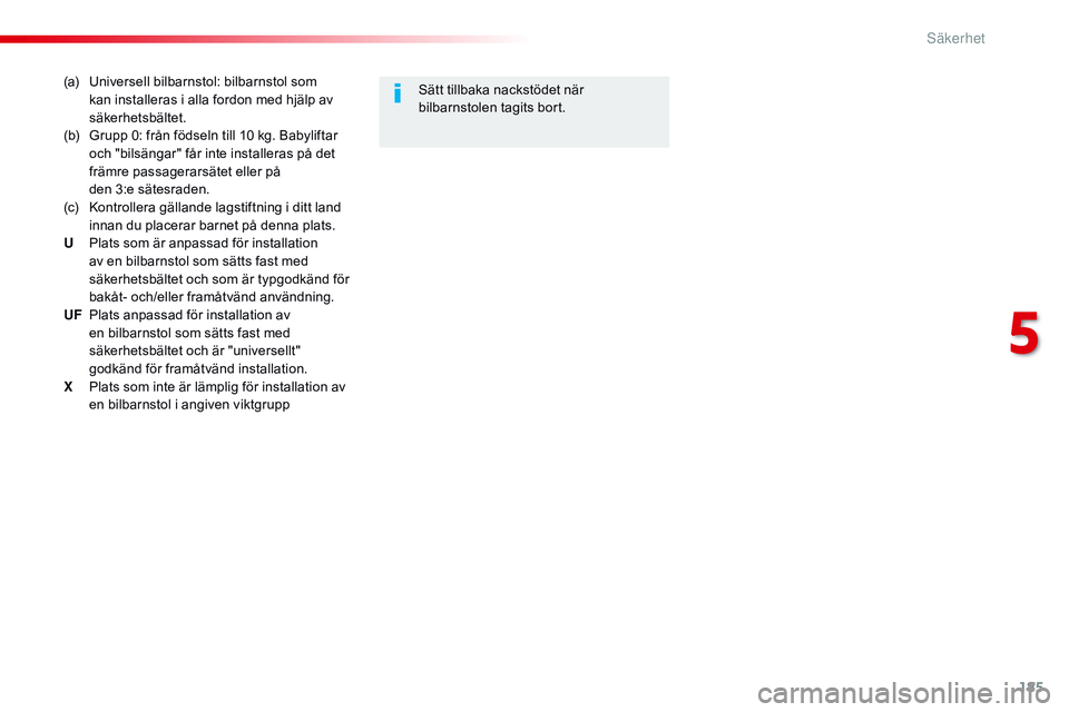 CITROEN JUMPER DISPATCH 2017 InstruktionsbÖcker (in Swedish) 185
Jumpy _sv_Chap05_securite_ed01-2016
(a) Universell bilbarnstol: bilbarnstol som kan installeras i alla fordon med hjälp av
säkerhetsbältet.
(b)
G
rupp 0: från födseln till 10 kg. Babylift CITROEN JUMPER DISPATCH 2017 InstruktionsbÖcker (in Swedish) 185
Jumpy _sv_Chap05_securite_ed01-2016
(a) Universell bilbarnstol: bilbarnstol som kan installeras i alla fordon med hjälp av
säkerhetsbältet.
(b)
G
rupp 0: från födseln till 10 kg. Babylift