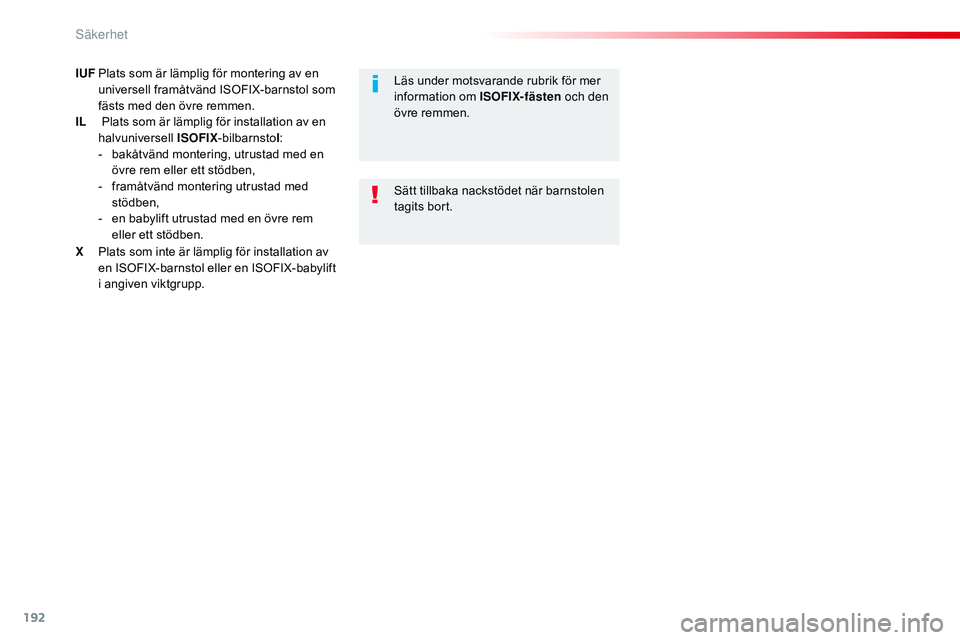 CITROEN JUMPER DISPATCH 2017  InstruktionsbÖcker (in Swedish) 192
Jumpy _sv_Chap05_securite_ed01-2016
IUF Plats som är lämplig för montering av en universell framåtvänd ISOFIX-barnstol som 
fästs med den övre remmen.
IL
  P

lats som är lämplig för ins