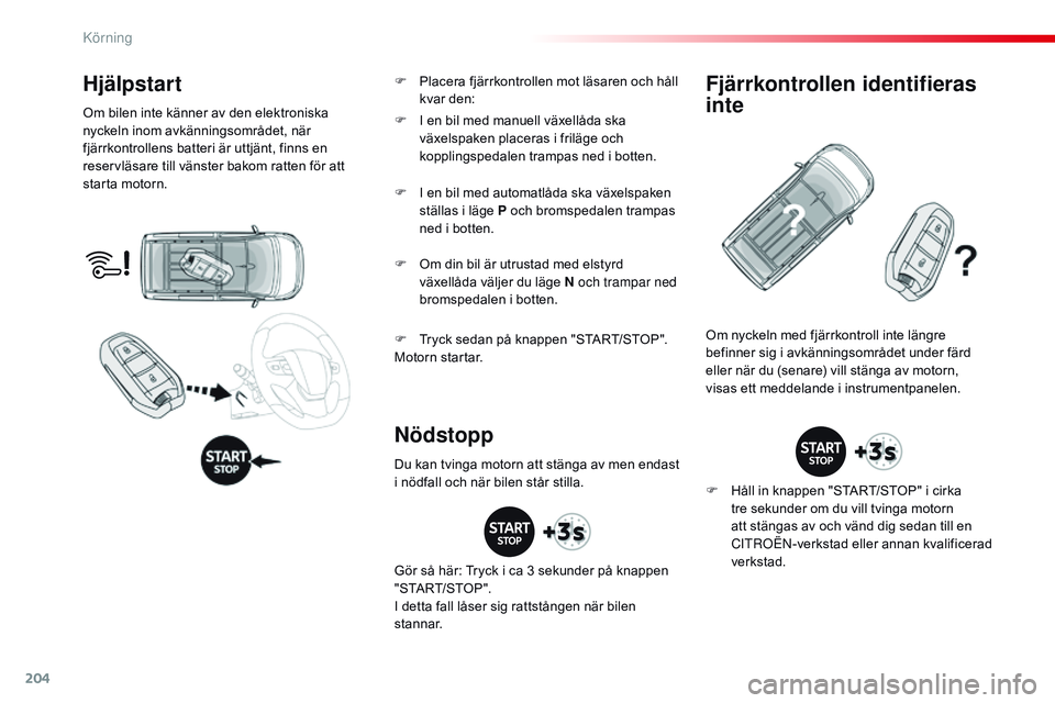 CITROEN JUMPER DISPATCH 2017 InstruktionsbÖcker (in Swedish) 204
Jumpy _sv_Chap06_conduite_ed01-2016
Hjälpstart
Om bilen inte känner av den elektroniska
nyckeln inom avkänningsområdet, när
fjärrkontrollens batteri är uttjänt, finns en
reservläsare t CITROEN JUMPER DISPATCH 2017 InstruktionsbÖcker (in Swedish) 204
Jumpy _sv_Chap06_conduite_ed01-2016
Hjälpstart
Om bilen inte känner av den elektroniska
nyckeln inom avkänningsområdet, när
fjärrkontrollens batteri är uttjänt, finns en
reservläsare t