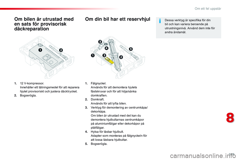 CITROEN JUMPER DISPATCH 2017 InstruktionsbÖcker (in Swedish) 289
Jumpy _sv_Chap08_En-cas-de-panne_ed01-2016
Om bilen är utrustad med
en sats för provisorisk
däckreparation
1. 12 V-kompressor. Innehåller ett tätningsmedel för att reparera
hjulet proviso CITROEN JUMPER DISPATCH 2017 InstruktionsbÖcker (in Swedish) 289
Jumpy _sv_Chap08_En-cas-de-panne_ed01-2016
Om bilen är utrustad med
en sats för provisorisk
däckreparation
1. 12 V-kompressor. Innehåller ett tätningsmedel för att reparera
hjulet proviso
