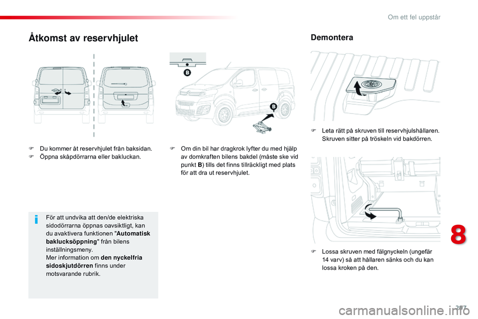 CITROEN JUMPER DISPATCH 2017 InstruktionsbÖcker (in Swedish) 297
Jumpy _sv_Chap08_En-cas-de-panne_ed01-2016
F Du kommer åt reservhjulet från baksidan.
F Ö ppna skåpdörrarna eller bakluckan. F
L
eta rätt på skruven till reservhjulshållaren.
Skruven s CITROEN JUMPER DISPATCH 2017 InstruktionsbÖcker (in Swedish) 297
Jumpy _sv_Chap08_En-cas-de-panne_ed01-2016
F Du kommer åt reservhjulet från baksidan.
F Ö ppna skåpdörrarna eller bakluckan. F
L
eta rätt på skruven till reservhjulshållaren.
Skruven s