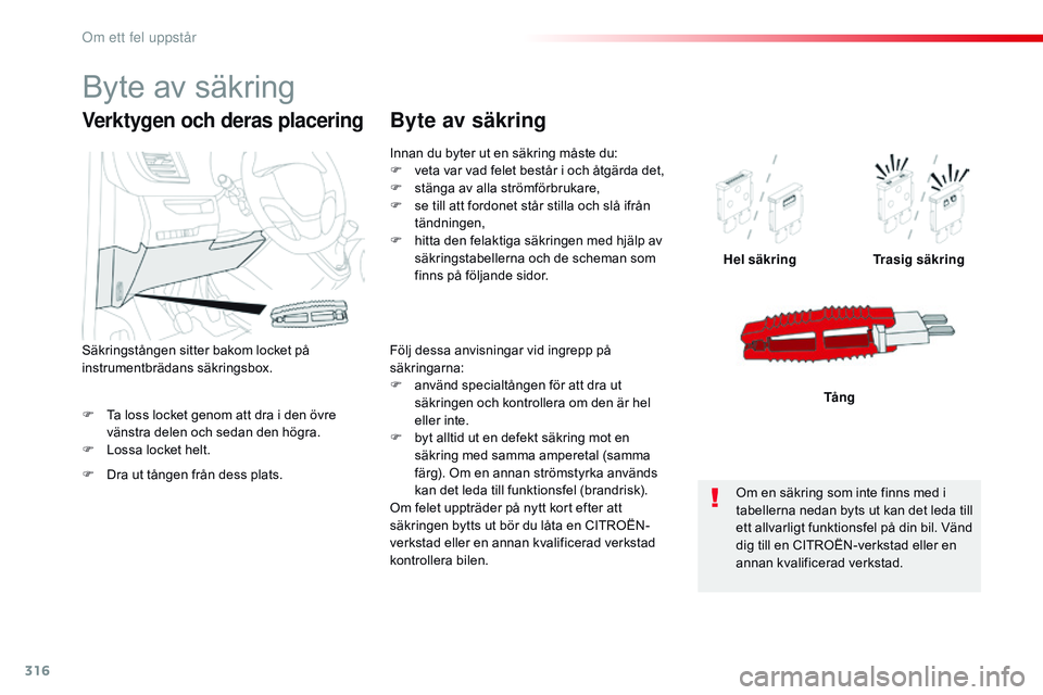 CITROEN JUMPER DISPATCH 2017 InstruktionsbÖcker (in Swedish) 316
Jumpy _sv_Chap08_En-cas-de-panne_ed01-2016
F Ta loss locket genom att dra i den övre vänstra delen och sedan den högra.
F
L
ossa locket helt. Hel säkring
Trasig säkring
TÃ¥ng
Verktygen och CITROEN JUMPER DISPATCH 2017 InstruktionsbÖcker (in Swedish) 316
Jumpy _sv_Chap08_En-cas-de-panne_ed01-2016
F Ta loss locket genom att dra i den övre vänstra delen och sedan den högra.
F
L
ossa locket helt. Hel säkring
Trasig säkring
TÃ¥ng
Verktygen och