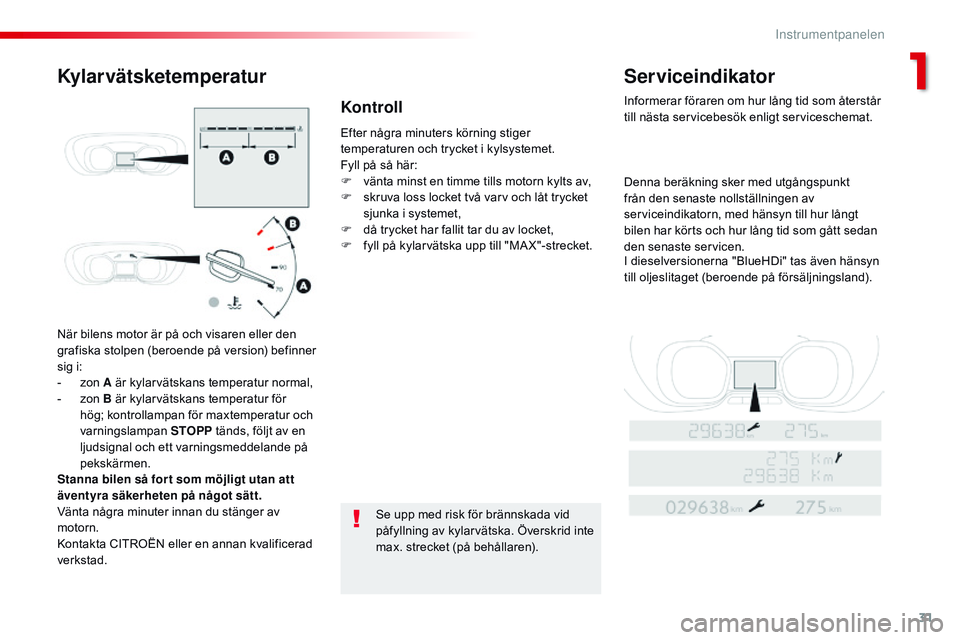CITROEN JUMPER DISPATCH 2017 InstruktionsbÖcker (in Swedish) 31
Jumpy _sv_Chap01_instruments- de-bord_ed01-2016
När bilens motor är på och visaren eller den
grafiska stolpen (beroende på version) befinner
sig i:
-
z
on A är kylarvätskans temperatur no CITROEN JUMPER DISPATCH 2017 InstruktionsbÖcker (in Swedish) 31
Jumpy _sv_Chap01_instruments- de-bord_ed01-2016
När bilens motor är på och visaren eller den
grafiska stolpen (beroende på version) befinner
sig i:
-
z
on A är kylarvätskans temperatur no