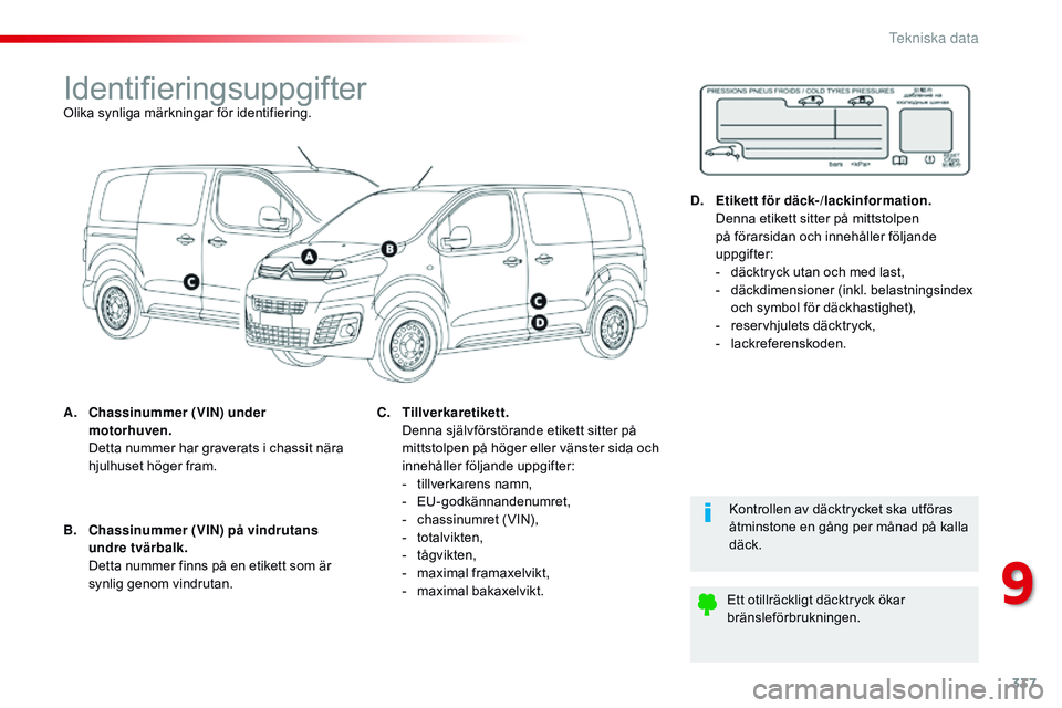 CITROEN JUMPER DISPATCH 2017  InstruktionsbÖcker (in Swedish) 337
Jumpy _sv_Chap09_caracteristiques-techniques_ed01-2016
IdentifieringsuppgifterOlika synliga märkningar för identifiering.
A.
 C
hassinummer (VIN) under 
motorhuven.  
 D

etta nummer har gravera