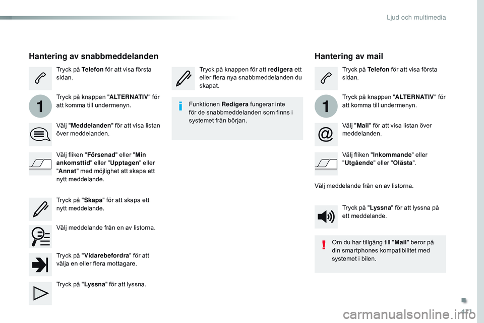 CITROEN JUMPER DISPATCH 2017  InstruktionsbÖcker (in Swedish) 411
11
Jumpy_sv_Chap10b_NAC-1_ed01-2016
Hantering av mail
Tryck på knappen för att redigera ett 
eller flera nya snabbmeddelanden du 
skapat. Tryck på Telefon
 för att visa första 
sidan.
Tryck p