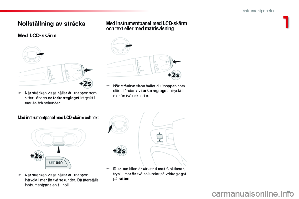 CITROEN JUMPER DISPATCH 2017 InstruktionsbÖcker (in Swedish) 41
Jumpy _sv_Chap01_instruments- de-bord_ed01-2016
Nollställning av sträcka
Med instrumentpanel med LCD-skärm och text
F När sträckan visas håller du knappen som sitter i änden av torkarreglage CITROEN JUMPER DISPATCH 2017 InstruktionsbÖcker (in Swedish) 41
Jumpy _sv_Chap01_instruments- de-bord_ed01-2016
Nollställning av sträcka
Med instrumentpanel med LCD-skärm och text
F När sträckan visas håller du knappen som sitter i änden av torkarreglage
