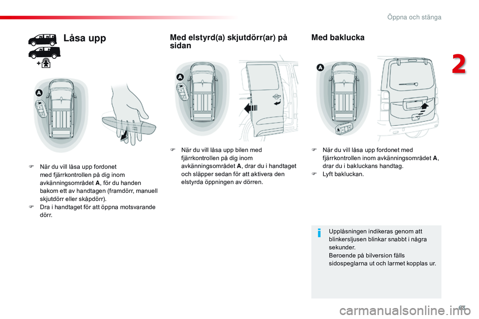 CITROEN JUMPER DISPATCH 2017  InstruktionsbÖcker (in Swedish) 63
Jumpy _sv_Chap02_ouvertures_ed01-2016
Låsa upp
F När du vill låsa upp fordonet med fjärrkontrollen på dig inom 
avkänningsområdet  A, för du handen 
bakom ett av handtagen (framdörr, manue