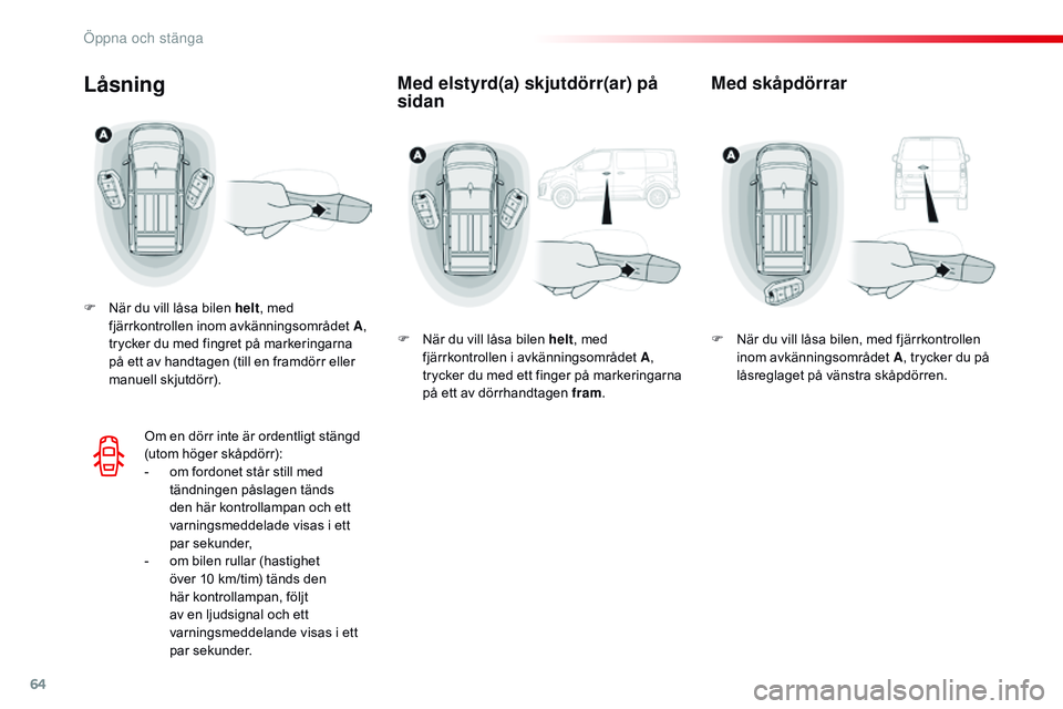 CITROEN JUMPER DISPATCH 2017  InstruktionsbÖcker (in Swedish) 64
Jumpy _sv_Chap02_ouvertures_ed01-2016
Med elstyrd(a) skjutdörr(ar) på 
sidanLåsning
F När du vill låsa bilen helt, med 
fjärrkontrollen inom avkänningsområdet A , 
trycker du med fingret p